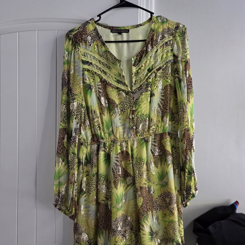 Green and Brown V-Neck Jumpsuit with Bishop Sleeves